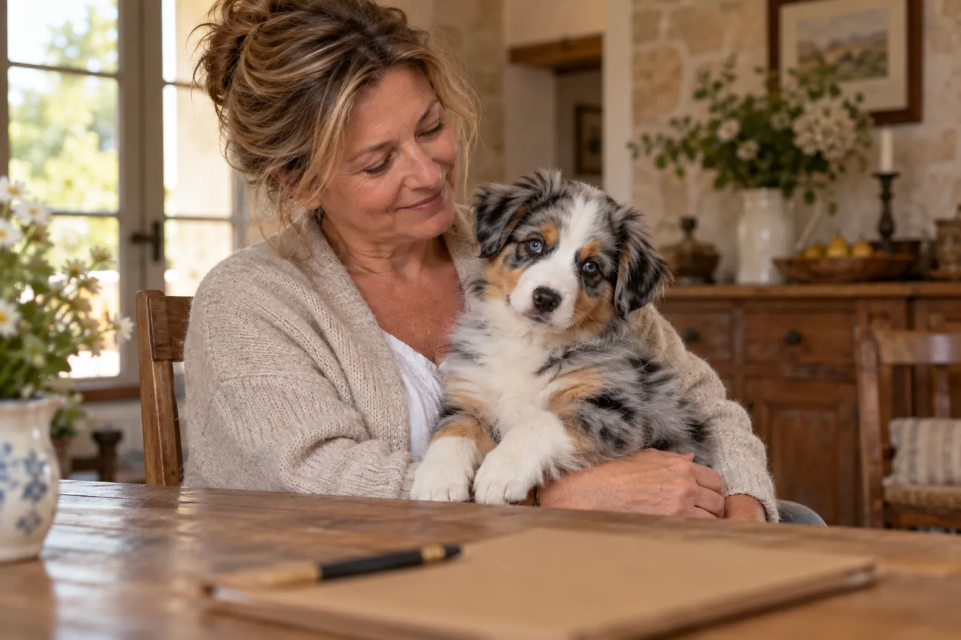 une éleveuse assise à la table de sa cuisine tient sur ses genoux un chiot berger australien bleu merle, une chemise cartonnée et un stylo posés devant elle