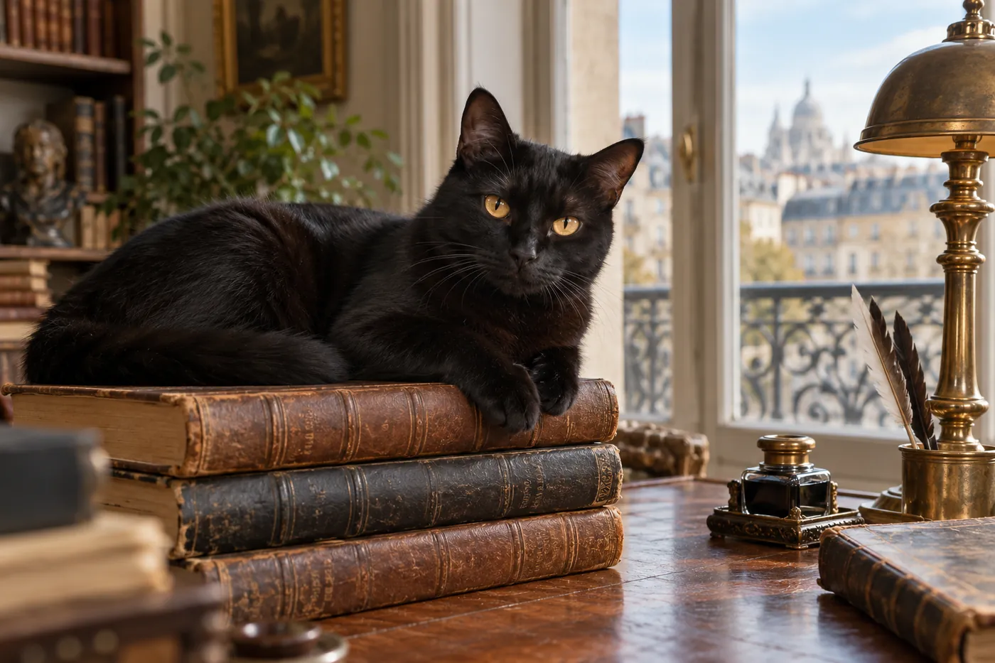 un chat noir aux yeux ambrés couché sur une pile de vieux livres reliés de cuir, sur un bureau près d’une fenêtre donnant sur les toits de Paris, une lampe en laiton et un encrier à côté