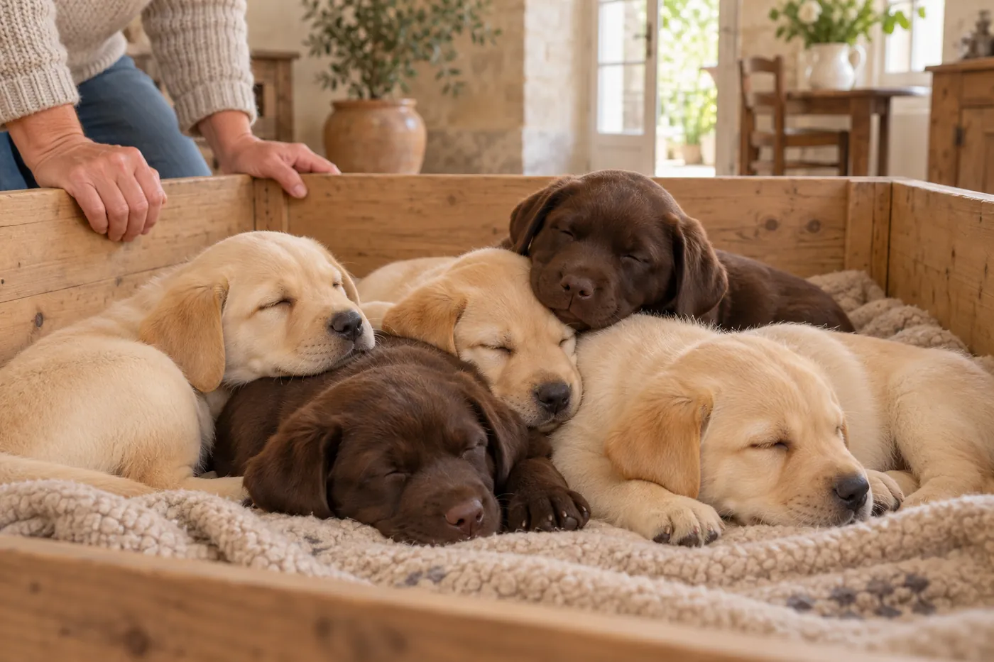une portée de chiots labradors sable et chocolat endormis en tas dans une caisse de mise bas en bois garnie d’un plaid, les mains de l’éleveuse posées sur le bord