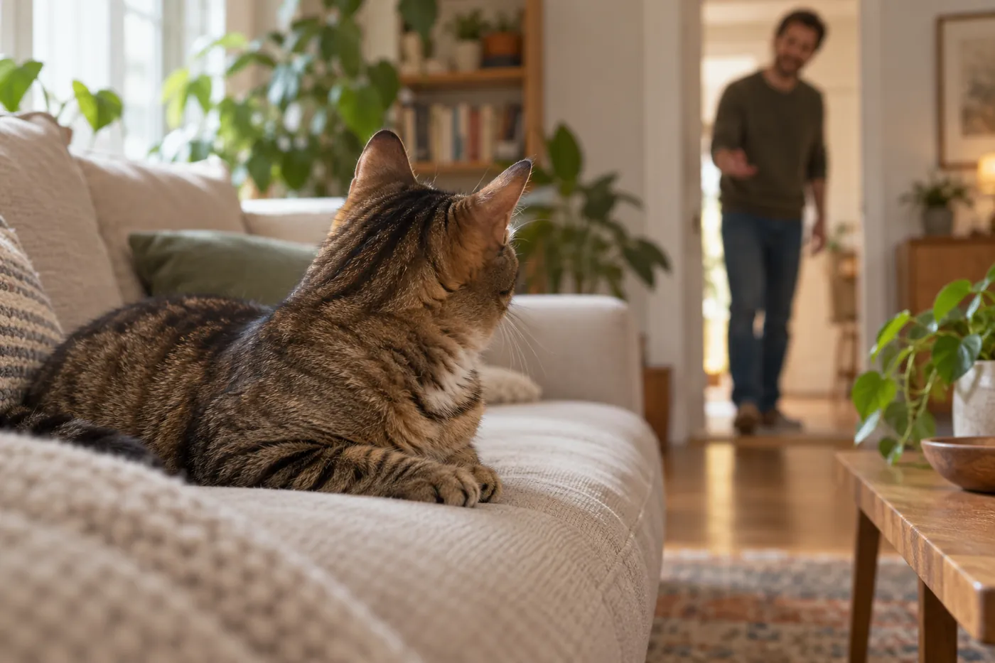 un chat tigré brun couché sur un canapé beige tourne la tête et dresse les oreilles vers un homme qui l’appelle depuis l’embrasure de la porte