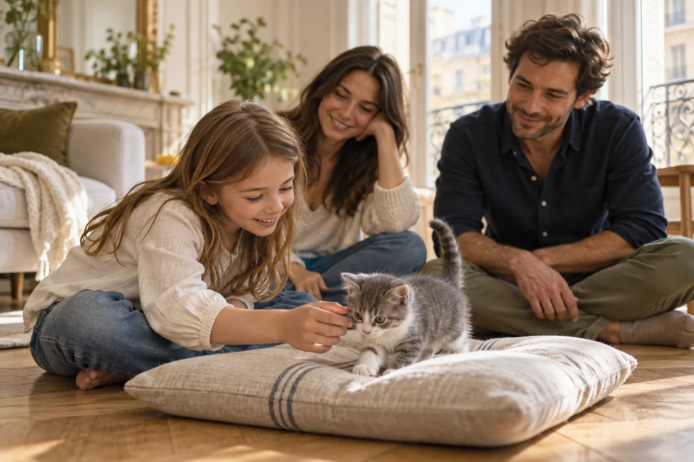 une fillette, sa mère et son père assis sur le parquet d’un appartement lumineux autour d’un chaton gris et blanc qui explore un coussin en lin