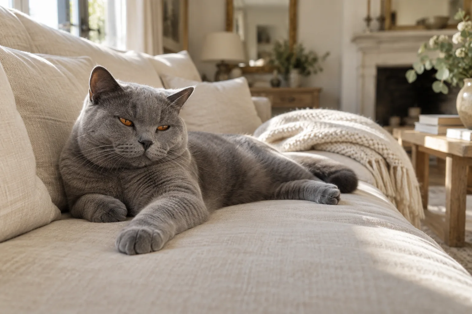 chat gris bleu au poil dense et aux yeux cuivrés, allongé sur un canapé en lin crème, une patte avant tendue, dans un salon lumineux