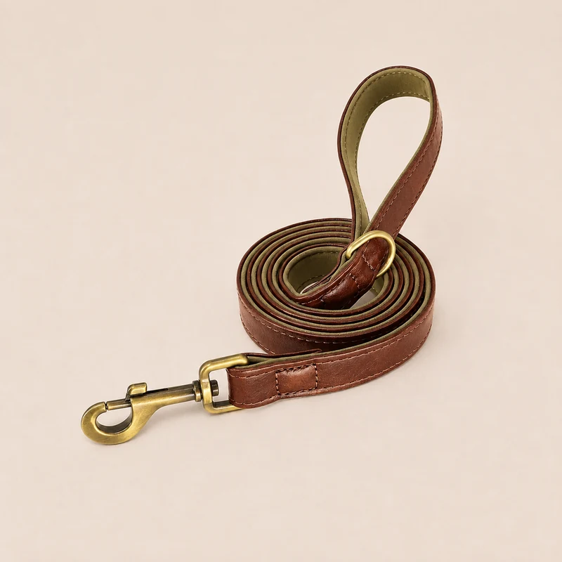 laisse en cuir brun, doublure taupe