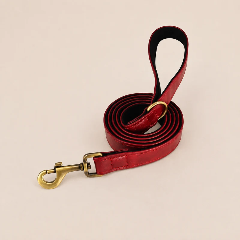 laisse en cuir rouge, doublure noire