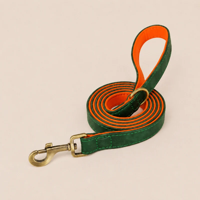 laisse en cuir vert, doublure orange