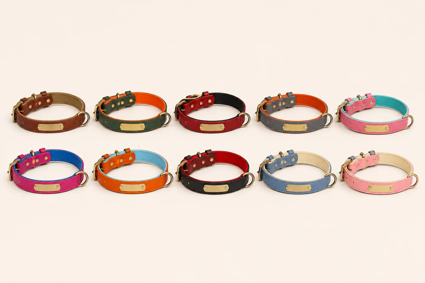les dix coloris du collier alignés, chacun tourné pour laisser voir sa doublure contrastée