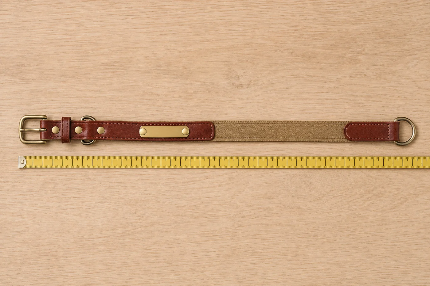 le collier à plat sur un établi en chêne clair, un mètre ruban souple tendu le long de la sangle