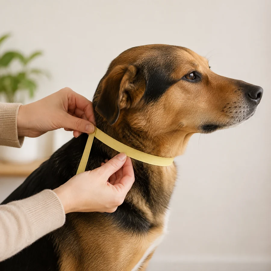 deux mains qui mesurent le cou d'un chien calme avec un mètre ruban souple