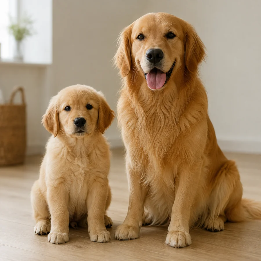 un chiot et un chien adulte de la même race assis côte à côte sur un parquet clair