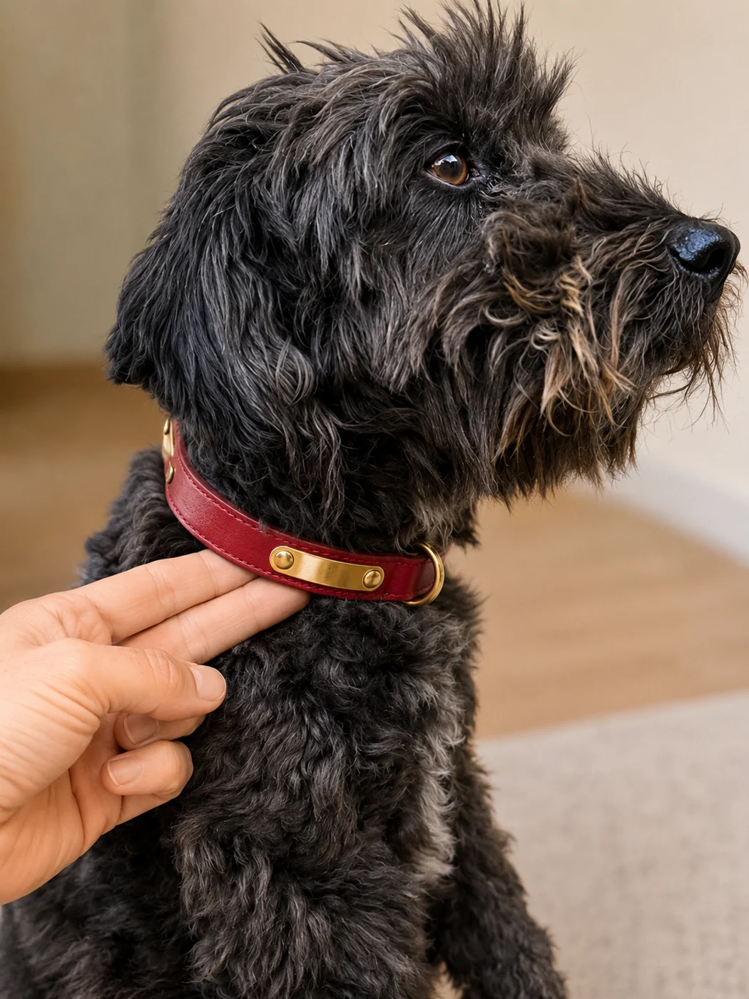 une main glisse deux doigts sous le collier en cuir rouge fermé au cou d'un chien noir