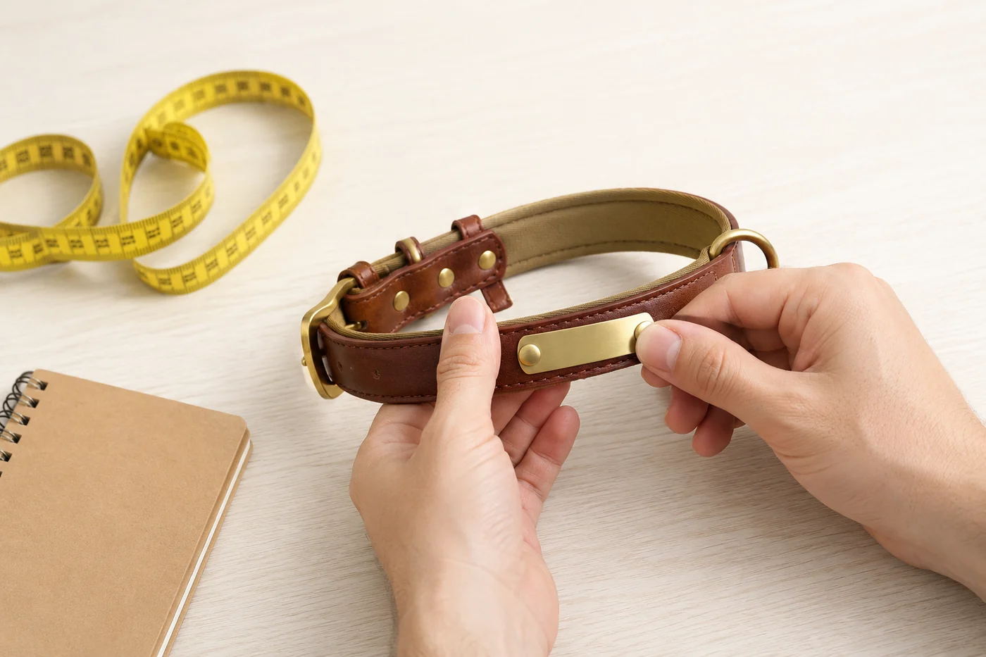 deux mains contrôlent le collier sur un établi clair : l'une tire sur la plaque de laiton pour tester les rivets, un mètre ruban et un carnet de relevé à côté