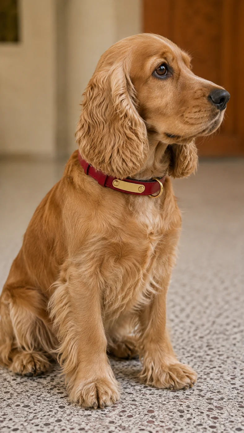 un cocker spaniel assis de profil, portant le collier en cuir rouge, tour de cou 28 à 38 cm